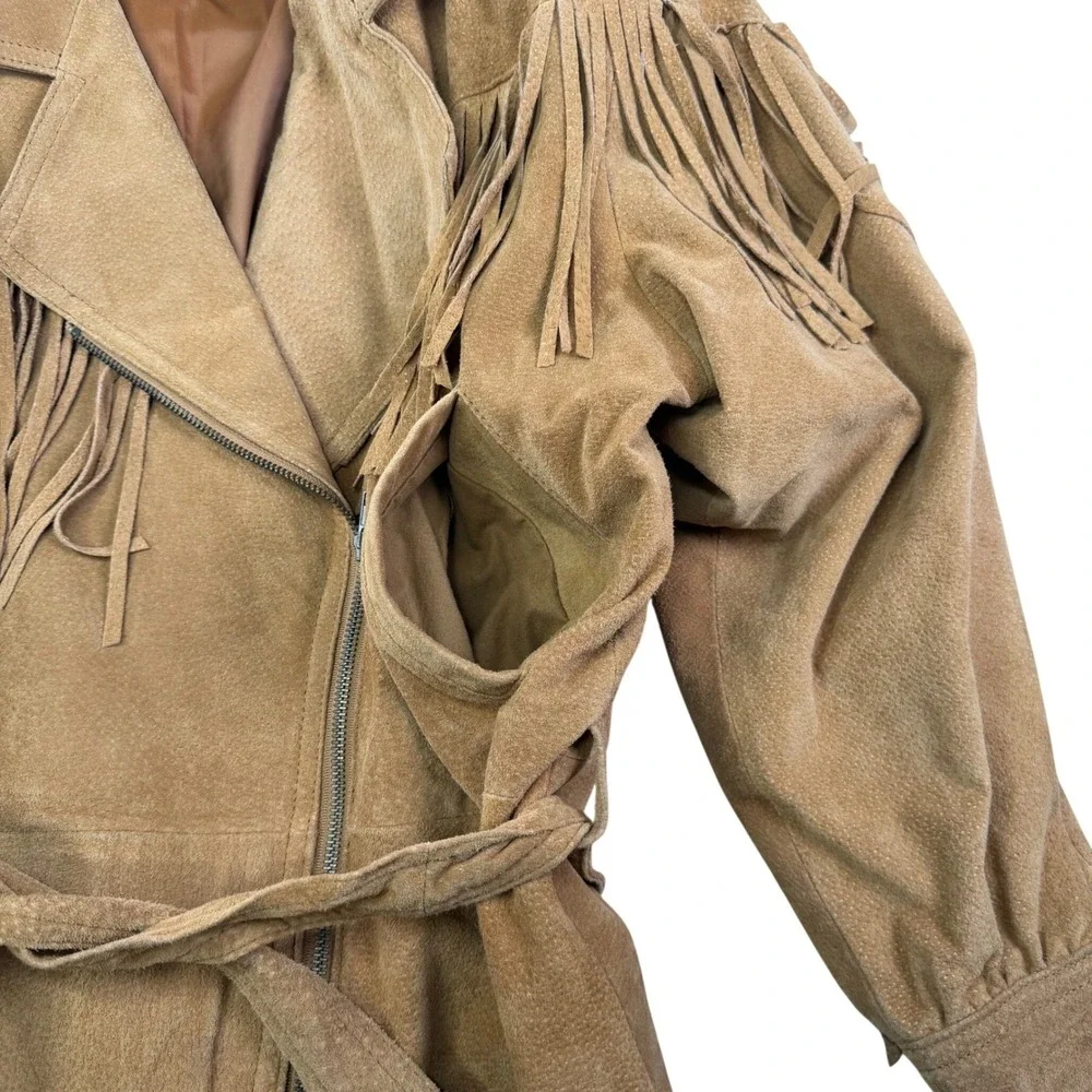 L.A. Studio Suede Fringe Zip Front Tie Belt Jacket Tan Western Boho‎ Festival S - Picture 14 of 16
